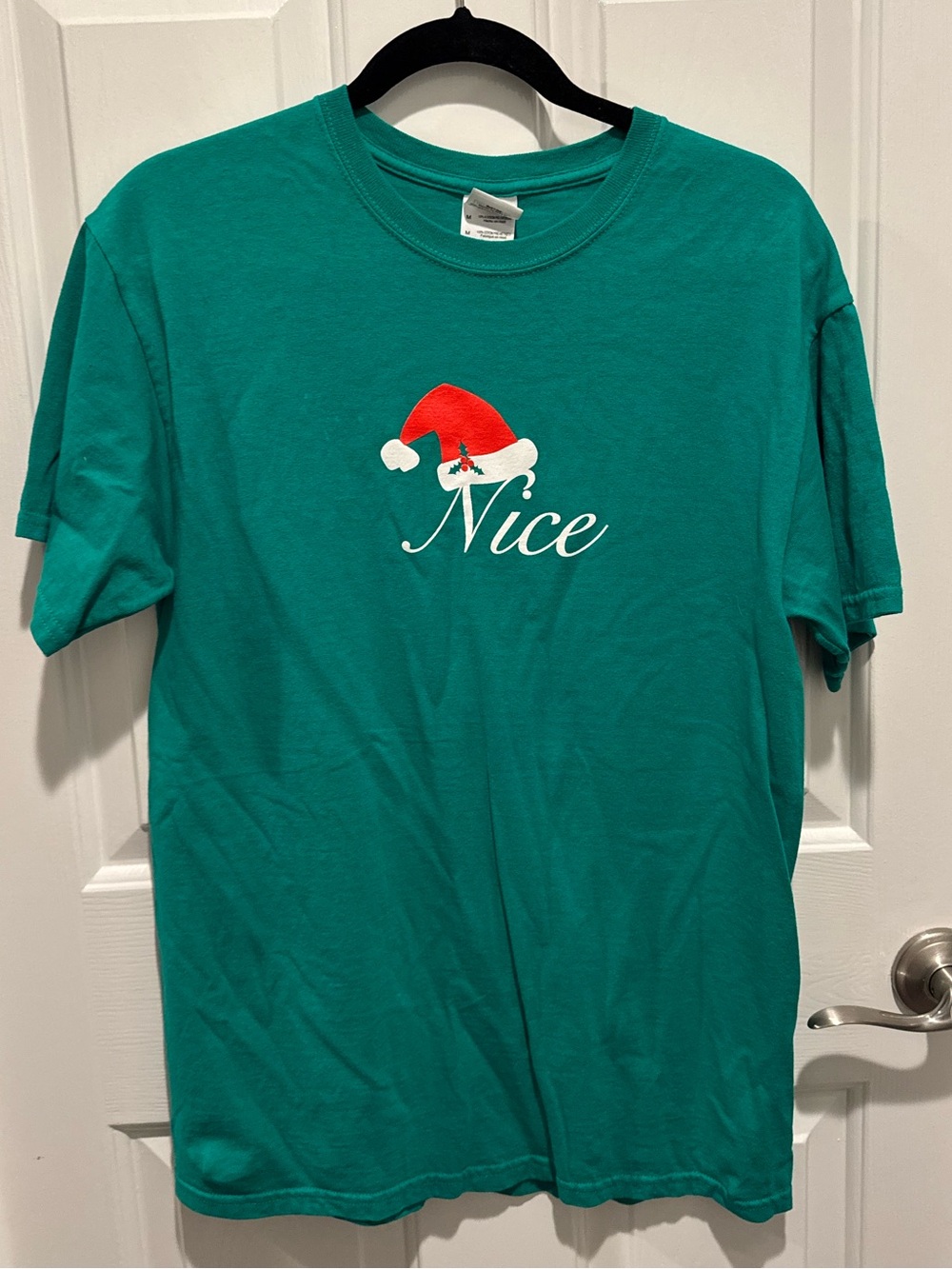 Gildan Naughty and Nice Green Red Holiday T-Shirt Size M and XL
